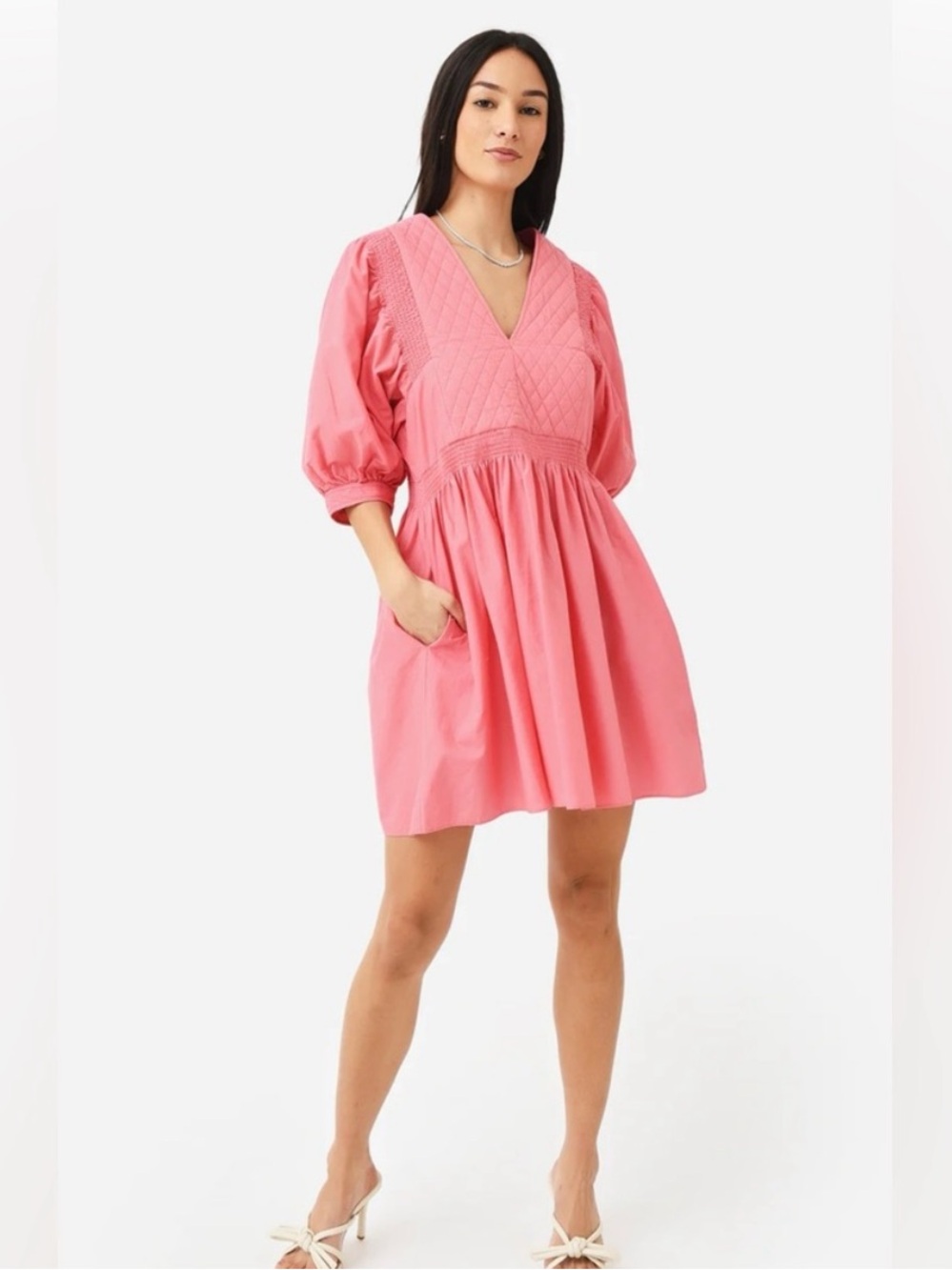 HUNTER BELL Dixon Quilted Puff Sleeve Dress in Coral - Picture 3 of 12